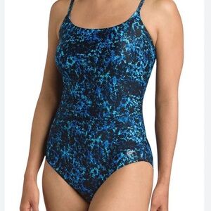 Speedo Women's Black and Blue Patterned One-Piece Swimsuit